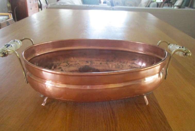 Circa 1930 - vintage large footed copper bowl/ jardiniere with blue and white delft handles