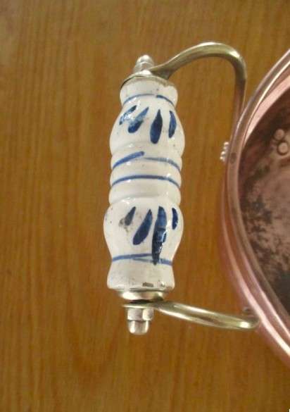Circa 1930 - vintage large footed copper bowl/ jardiniere with blue and white delft handles
