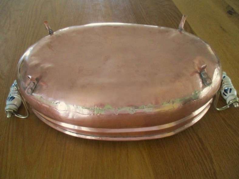 Circa 1930 - vintage large footed copper bowl/ jardiniere with blue and white delft handles
