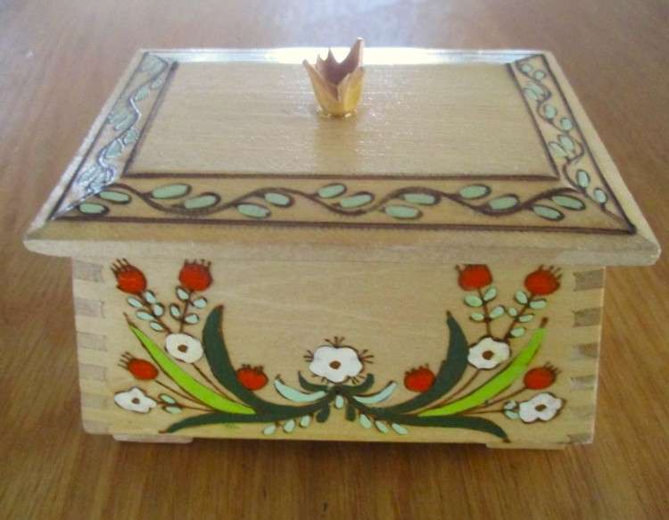 Decorative small vintage hand painted wooden box made in Witney, England