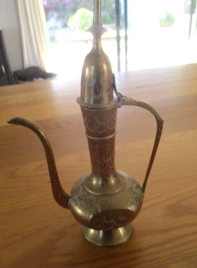 Vintage Indian etched brass Turkish coffee pot - smaller size - 26cm tall