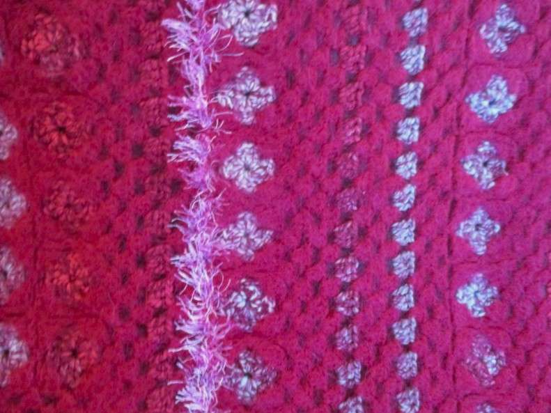 Artistic, unique, thick, fluffy hand crocheted wool blanket/throw