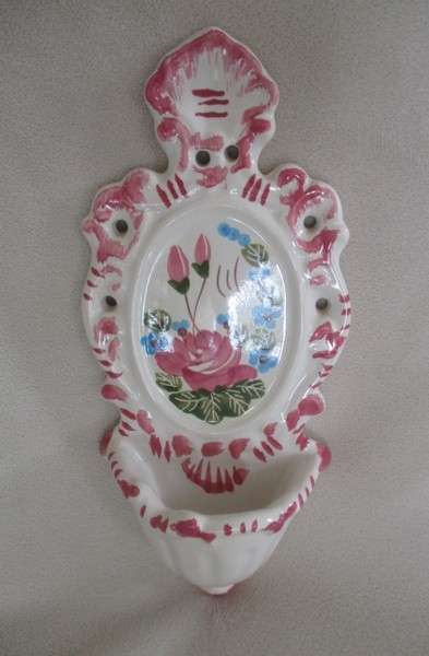 Vintage wall pocket with hand painted rose design