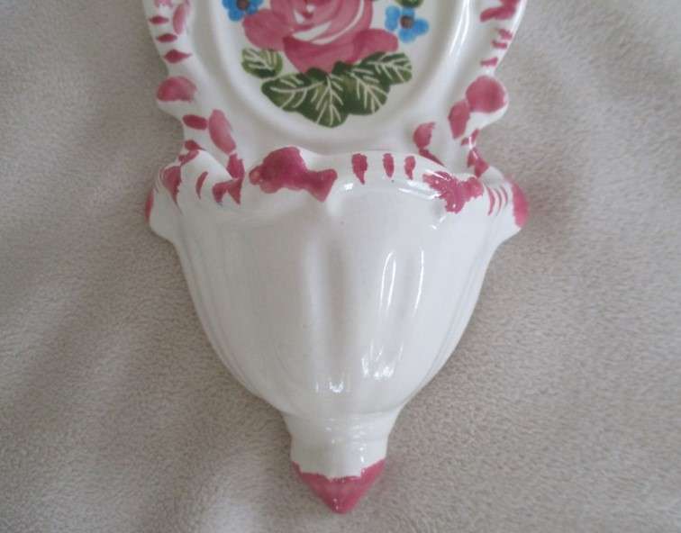Vintage wall pocket with hand painted rose design