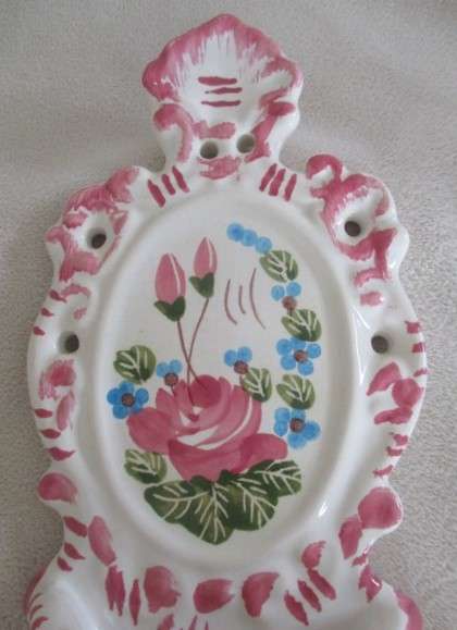 Vintage wall pocket with hand painted rose design