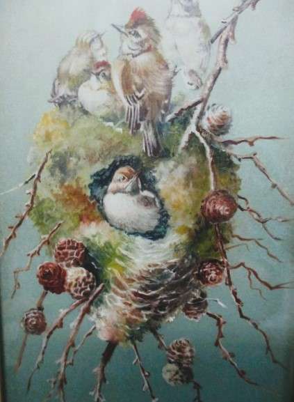 For Regina only - Antique original oil painting of birds on branch PLUS two Framed French tapestries