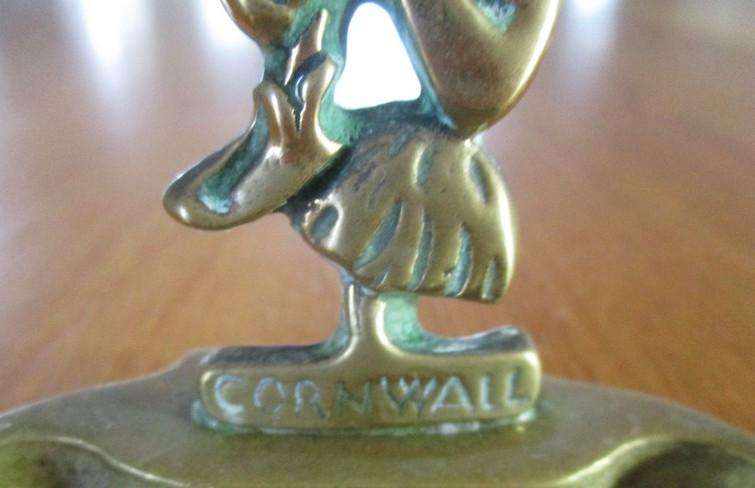 Vintage solid brass pin dish from Cornwall - pixie sitting on toadstool