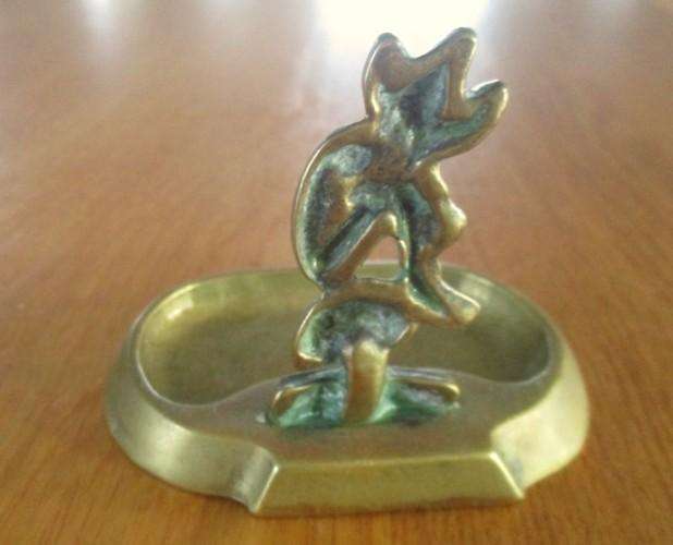 Vintage solid brass pin dish from Cornwall - pixie sitting on toadstool