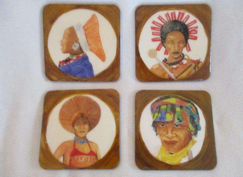 Africa - Boxed set  of hand painted wooden coasters depicting traditional headgear
