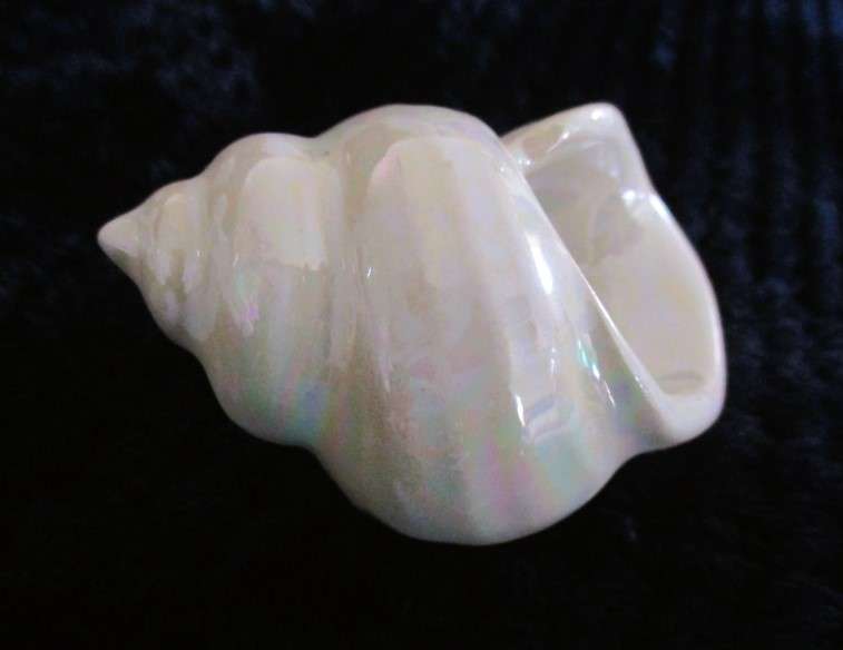A  set of twelve pearlescent porcelain serviette rings with clam shaped salt and pepper cellars