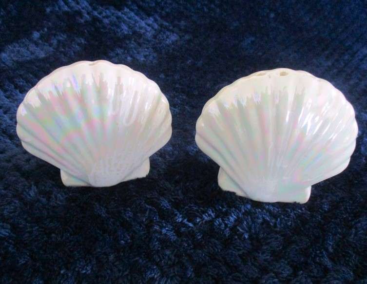 A  set of twelve pearlescent porcelain serviette rings with clam shaped salt and pepper cellars