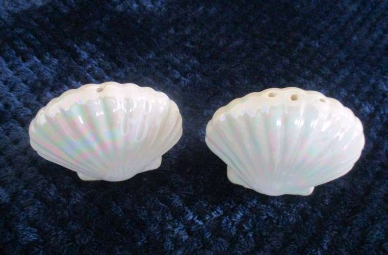 A  set of twelve pearlescent porcelain serviette rings with clam shaped salt and pepper cellars