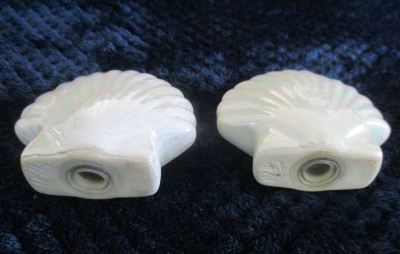 A  set of twelve pearlescent porcelain serviette rings with clam shaped salt and pepper cellars