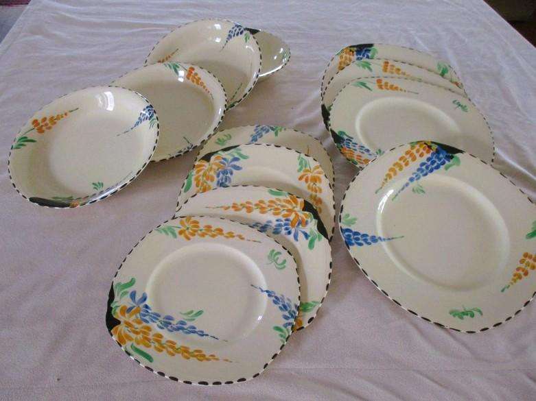 Set 1. - Rare 1930's Art Deco Burleigh Ware Zenith 16 piece dinner set  with blue and yellow lupins