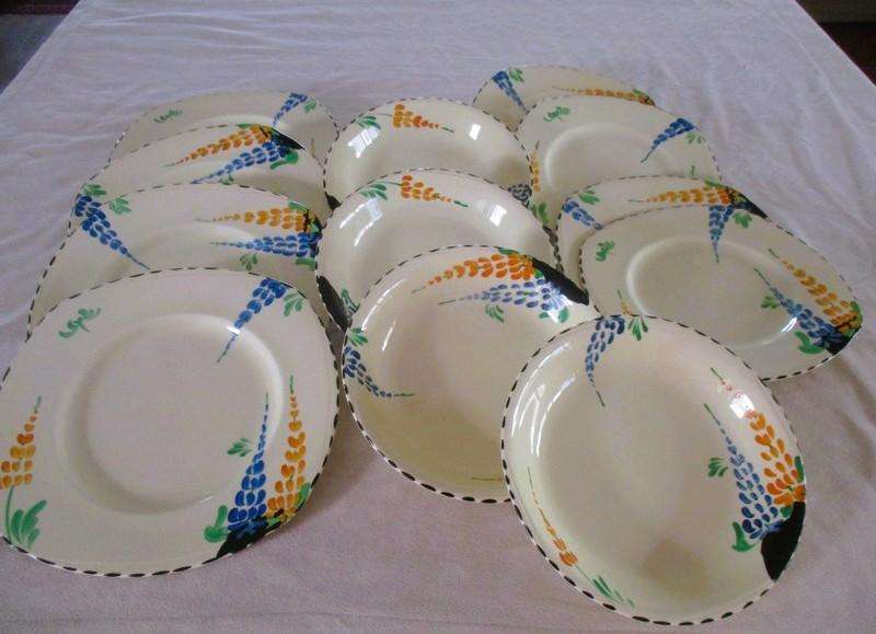 Set 2. - Rare 1930's Art Deco Burleigh Ware Zenith 16 piece dinner set  with blue and yellow lupins