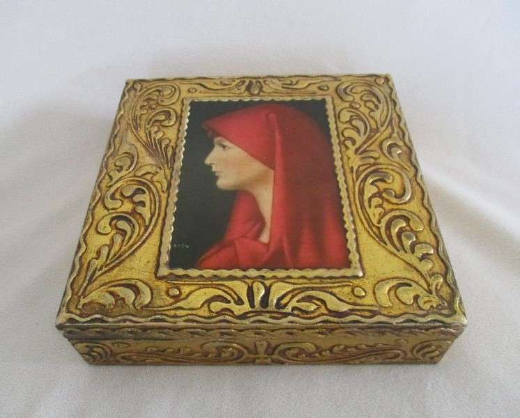 Ornate vintage wooden jewellery/keepsake box depicting Jean Jacques Henner's Saint Fabiola