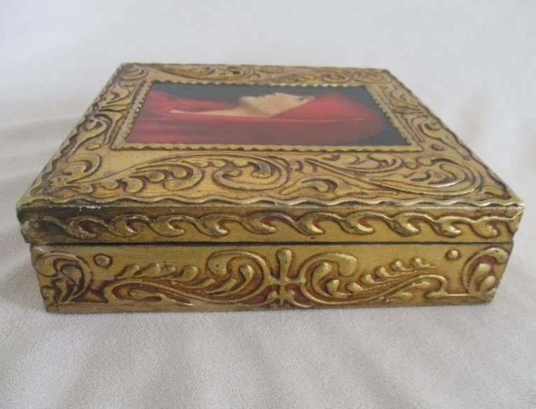 Ornate vintage wooden jewellery/keepsake box depicting Jean Jacques Henner's Saint Fabiola