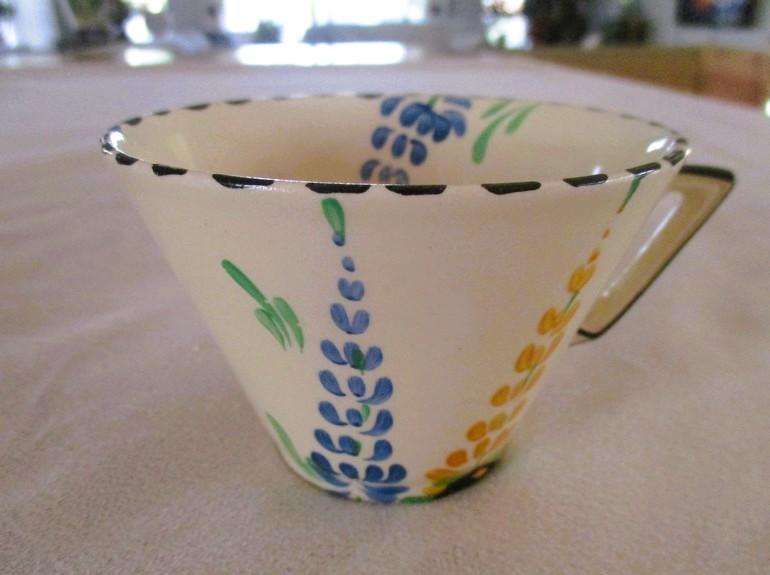 Four rare 1930's Art Deco Burleigh Ware Zenith trios with blue and yellow lupins