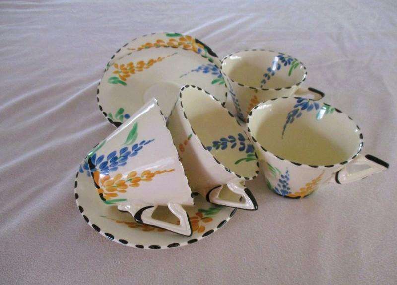 4 rare 1930's Art Deco Burleigh Ware Zenith small tea? coffee? cups & saucers - blue & yellow lupins