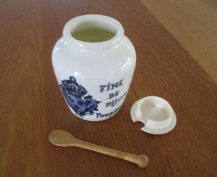 Vintage/antique Dijon Mustard pot with wooden spoon