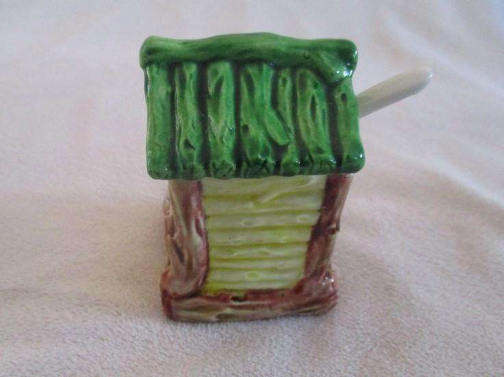 Collectable vintage Japanese hand painted Marutomoware salt & pepper cellars, preserve jar & spoon