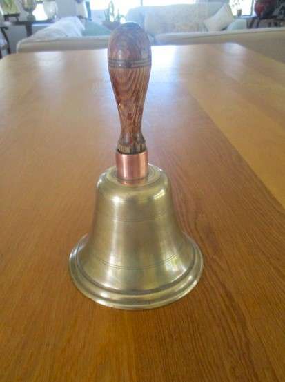 An old vintage solid brass, copper and wood school bell - 14cm diameter