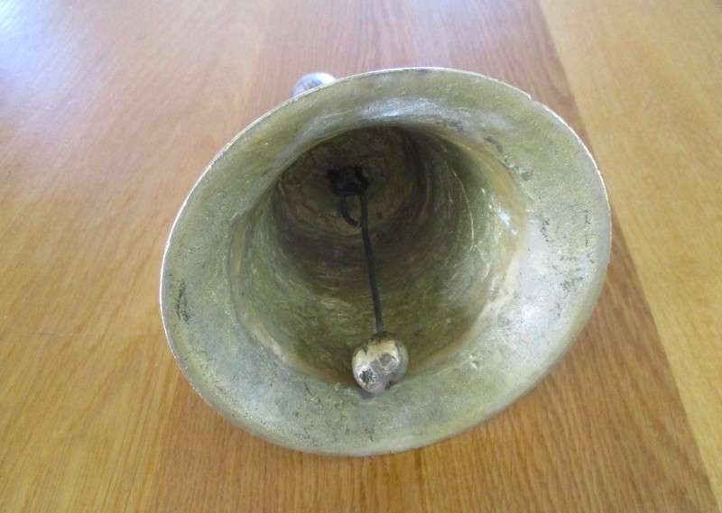 An old vintage solid brass, copper and wood school bell - 14cm diameter