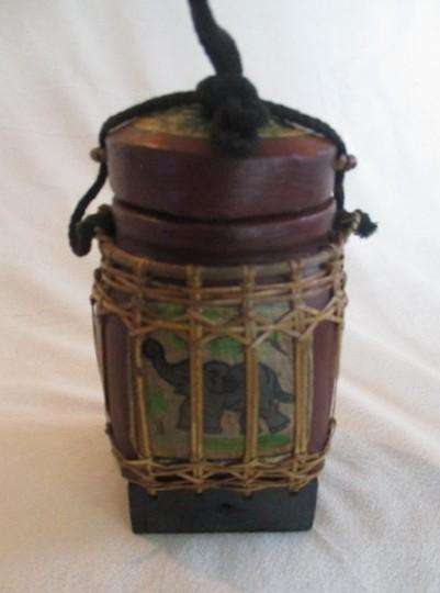 Vintage Thai rice seed box - hand painted wood with woven bamboo