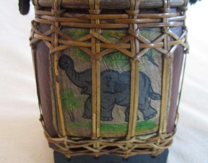 Vintage Thai rice seed box - hand painted wood with woven bamboo