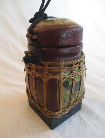 Vintage Thai rice seed box - hand painted wood with woven bamboo