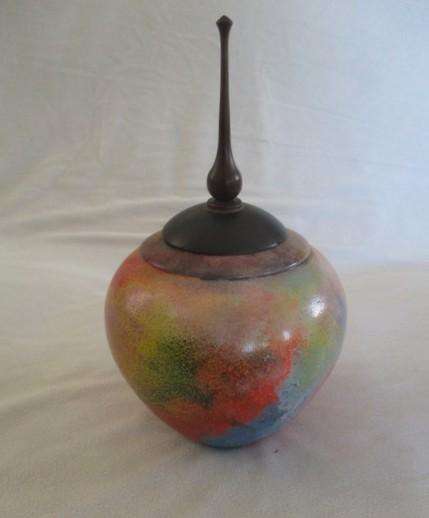 Artistic wood-turned box by Durham Woodturners, England with swirls of colour
