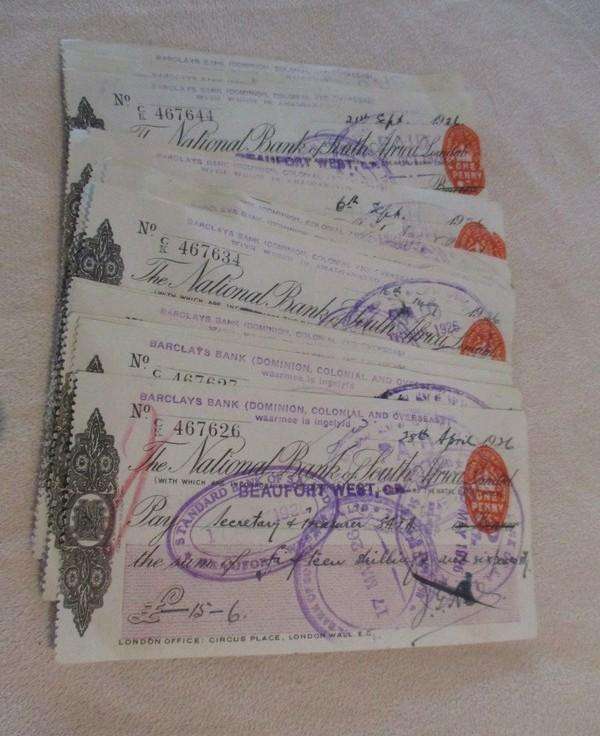 Batch of 25 antique 1926 National Bank of South Africa cheques in consecutive order