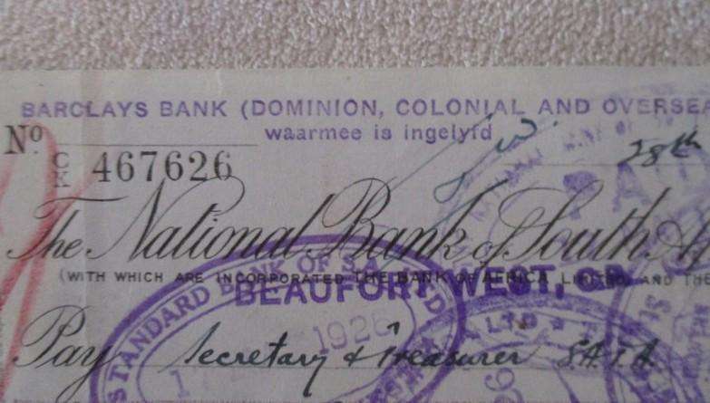Batch of 25 antique 1926 National Bank of South Africa cheques in consecutive order