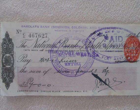Batch of 25 antique 1926 National Bank of South Africa cheques in consecutive order