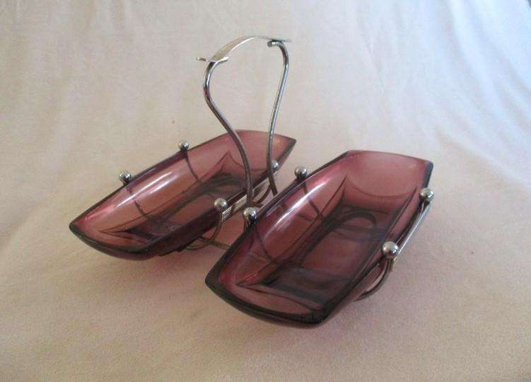 Stunning mulberry coloured glass and silver metal bon bon/candy/snack dish
