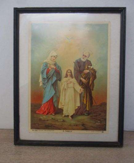Vintage framed religious print of Holy Family printed in Switzerland - "S. Familia"
