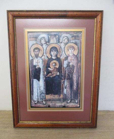 Beautiful vintage framed religious print - Virgin & Child with angels and Saints George & Theodore