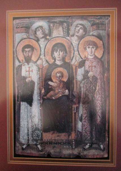 Beautiful vintage framed religious print - Virgin & Child with angels and Saints George & Theodore