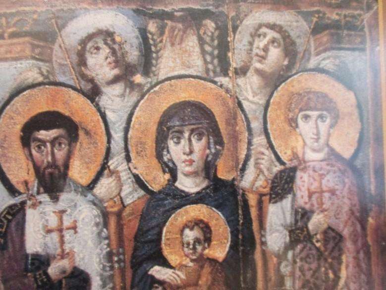Beautiful vintage framed religious print - Virgin & Child with angels and Saints George & Theodore