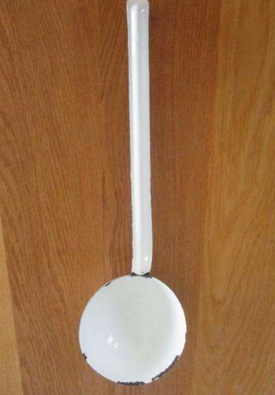 Three long vintage white enamel ladles