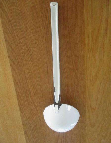 Three long vintage white enamel ladles