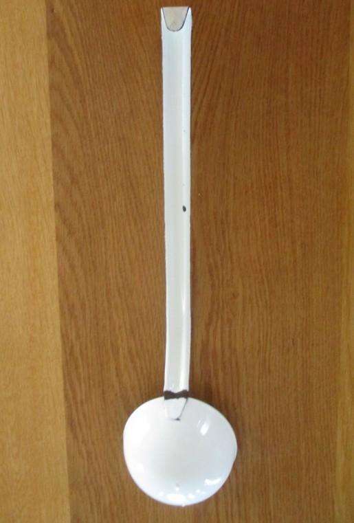 Three long vintage white enamel ladles