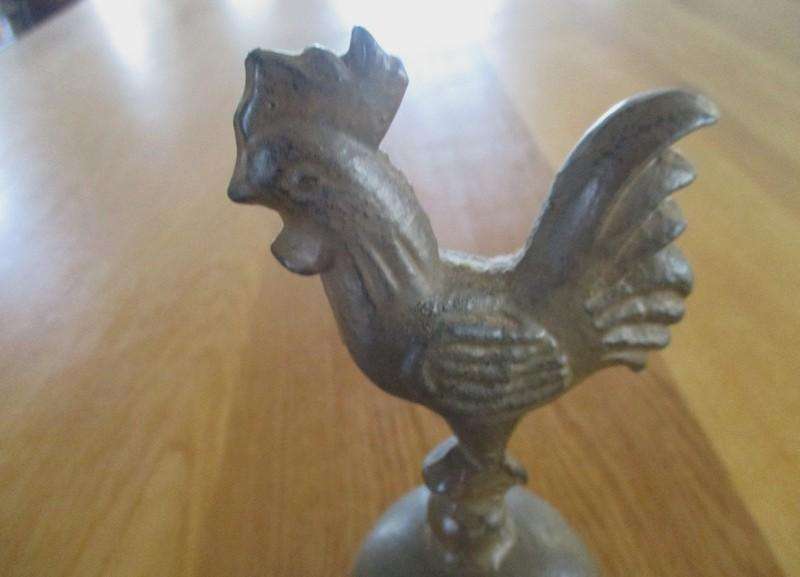 Vintage heavy cast iron hand bell with rooster handle