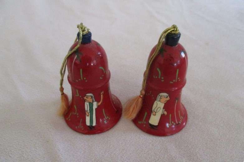 Two rather unique vintage Middle Eastern hand painted wooden Christmas bells