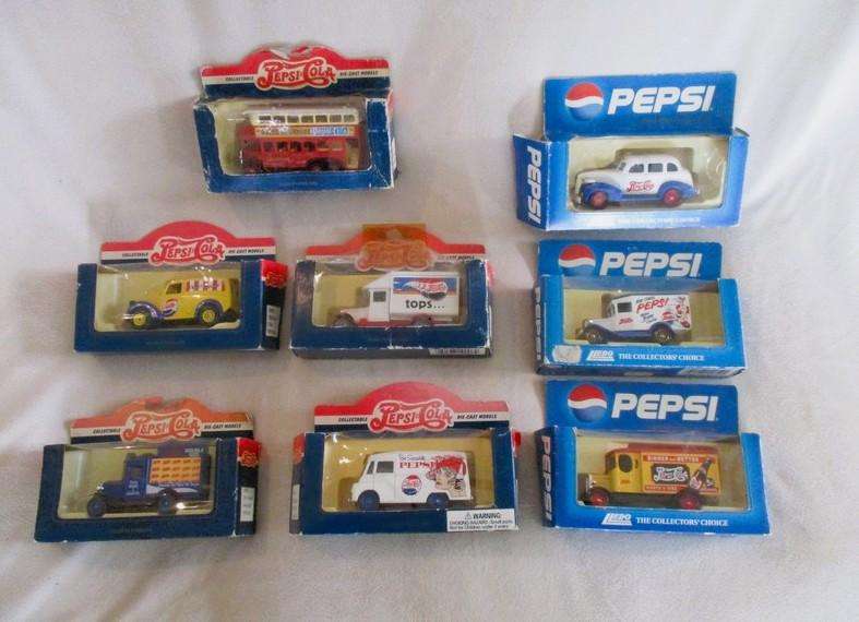 1. - Batch of eight very collectable Pepsi diecasts on card made in England by Lledo