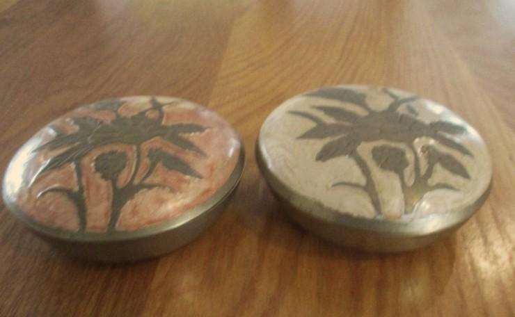 Two lovely etched brass and pearly enamel lidded trinket dishes made in India
