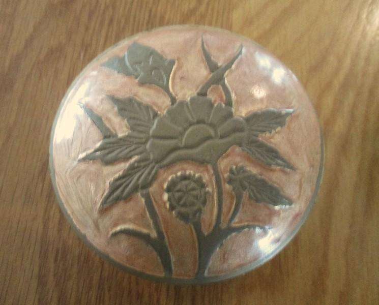 Two lovely etched brass and pearly enamel lidded trinket dishes made in India