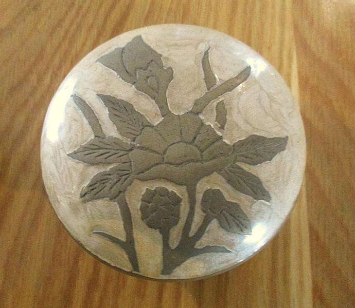 Two lovely etched brass and pearly enamel lidded trinket dishes made in India