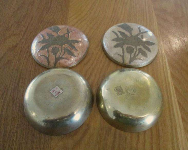 Two lovely etched brass and pearly enamel lidded trinket dishes made in India