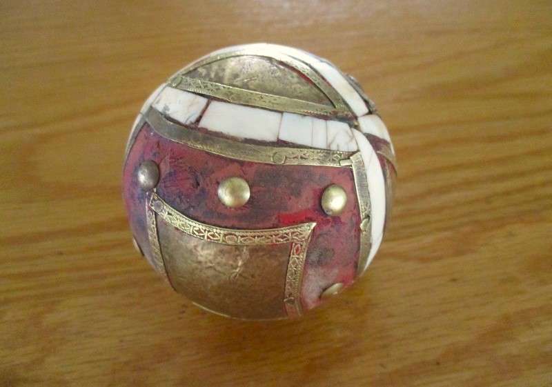 Three heavy vintage Middle Eastern bone and brass inlaid balls - very decorative